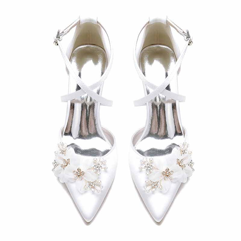 Elegant S&DCo. cross strap wedding shoes for women with floral embellishments and a sleek design