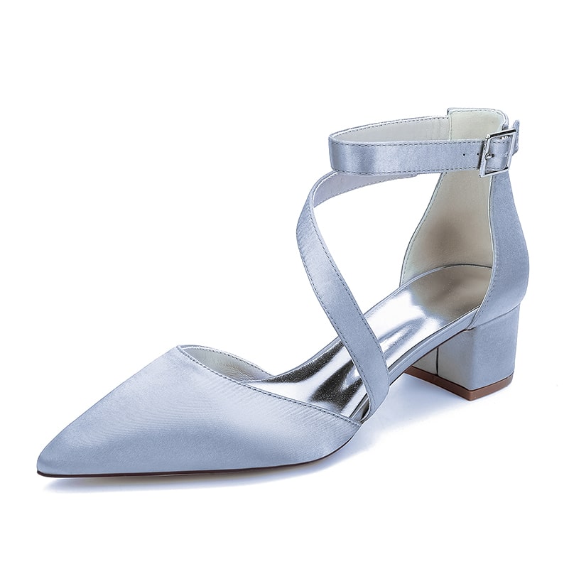 Elegant light blue cross strap wedding shoes with a pointed toe and block heel for comfort