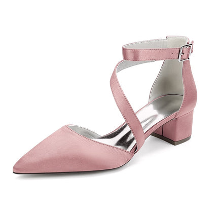 Pink cross strap wedding shoes with a stylish block heel for elegant bridal looks