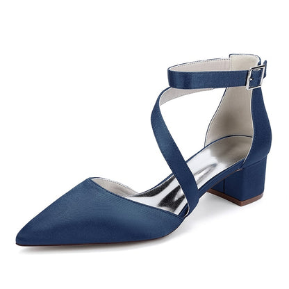 Navy blue cross strap wedding shoes with a stylish pointed toe and block heel