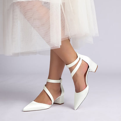 Elegant cross strap wedding shoes in white with block heels, perfect for bridal wear