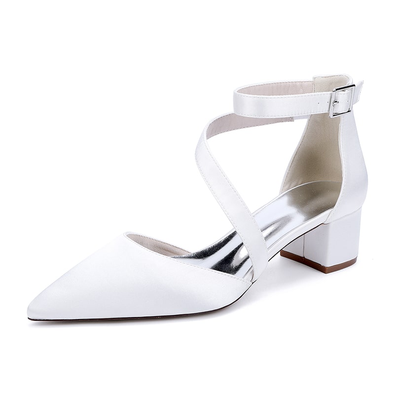 Stylish white cross strap wedding shoes with a mid-heel and ankle strap for elegant bridal looks