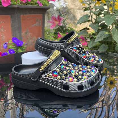 Womens Closed Toe Clog Shoes Black Rhinestone Sparkly Slip on Mules