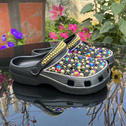 Womens Closed Toe Clog Shoes Black Rhinestone Sparkly Slip on Mules