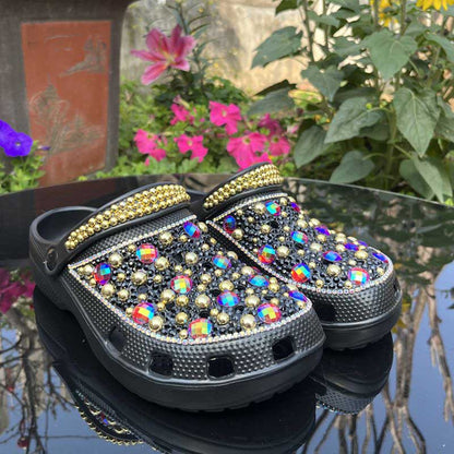 Womens Closed Toe Clog Shoes Black Rhinestone Sparkly Slip on Mules