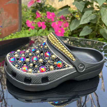 Womens Closed Toe Clog Shoes Black Rhinestone Sparkly Slip on Mules