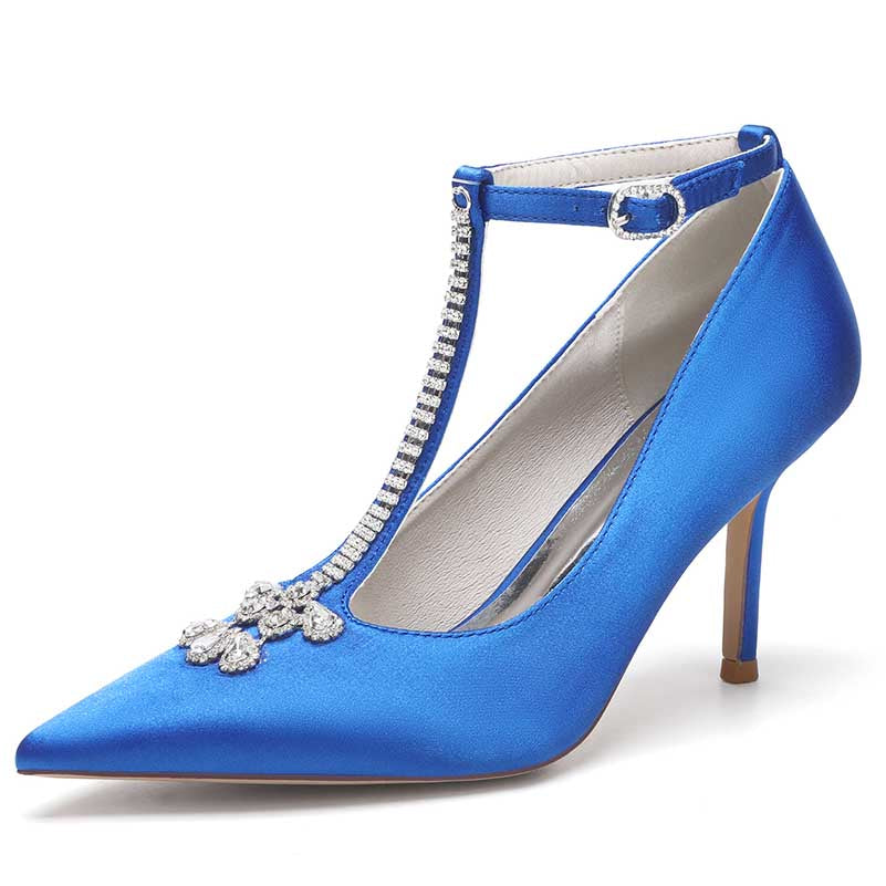 S&DCo. Crystal Ankle Strap Wedding Heels in Blue Satin with Decorative Rhinestones