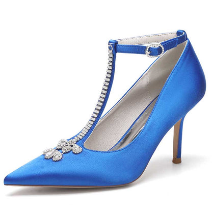 S&DCo. Crystal Ankle Strap Wedding Heels in Blue Satin with Decorative Rhinestones