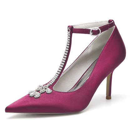 S&DCo. Crystal ankle strap wedding heels in fuchsia satin with elegant embellishments