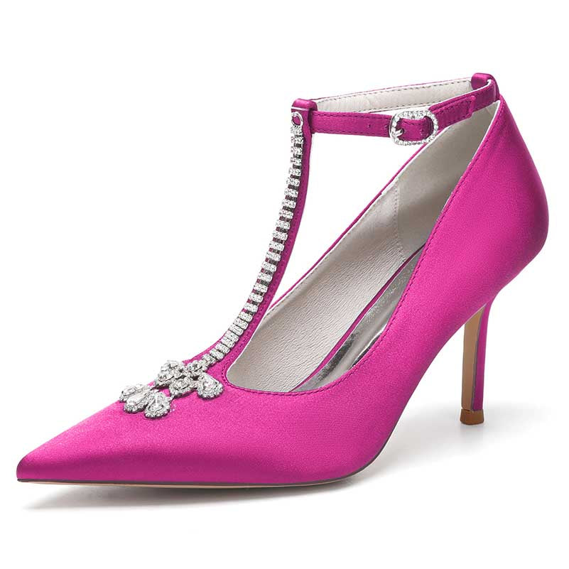 Pink satin crystal ankle strap wedding heels with elegant embellishments for special occasions