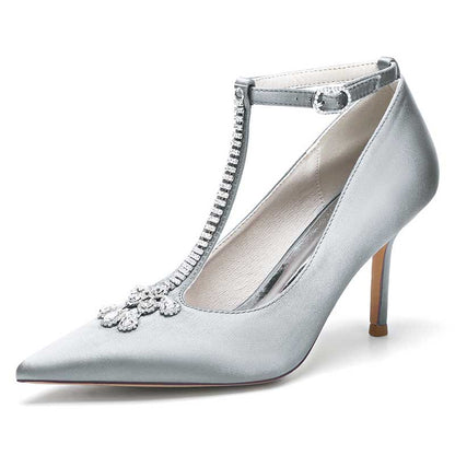 Elegant silver crystal ankle strap wedding heels with T-strap design and pointed toe
