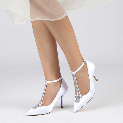 Elegant crystal ankle strap wedding heels by S&DCo. in white satin with decorative embellishments