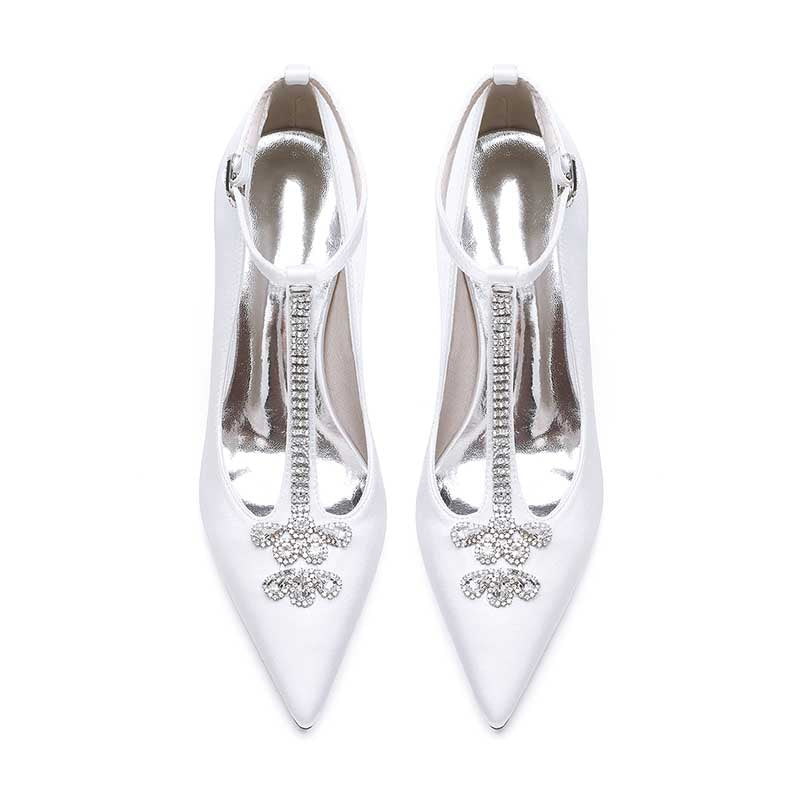 Elegant crystal ankle strap wedding heels in white satin featuring sparkling embellishments