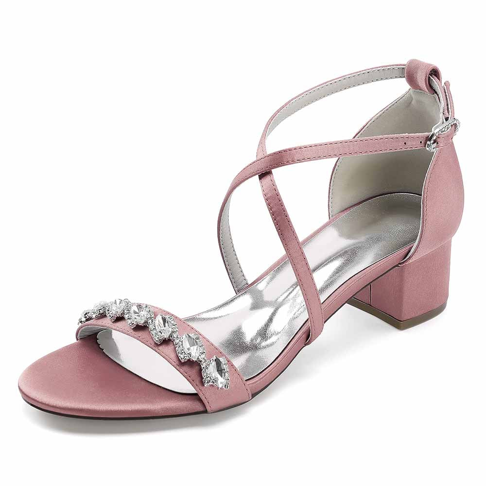 Sophisticated pink crystal chunky heel dress sandals with elegant straps and cushioned insole