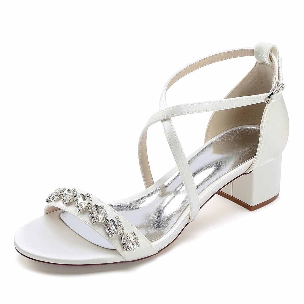 Elegant white crystal chunky heel dress sandals with stylish ankle straps for special occasions