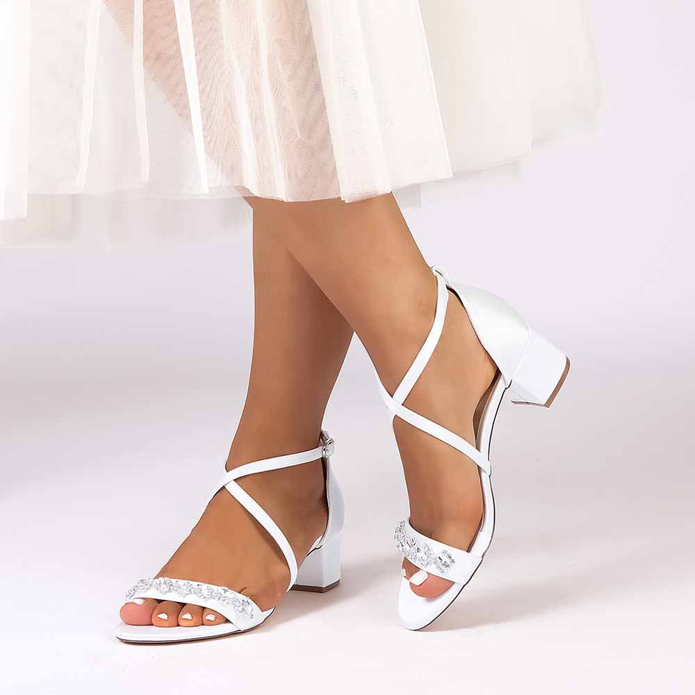 White crystal chunky heel dress sandals with elegant straps and a comfortable fit