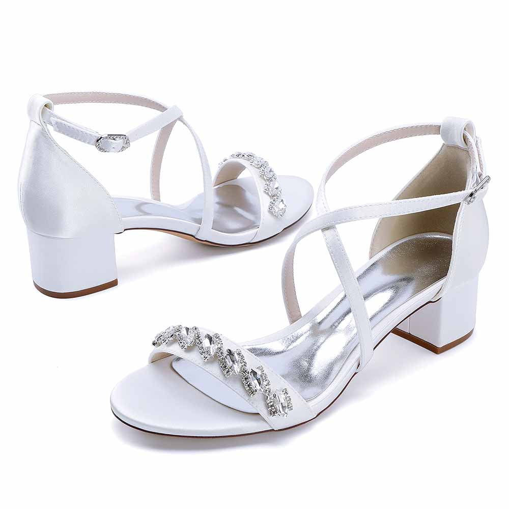 Elegant white crystal chunky heel dress sandals with strappy design for special occasions