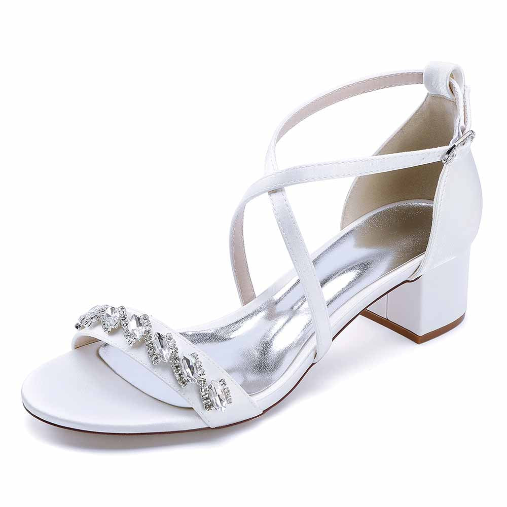 Elegant white crystal chunky heel dress sandals with stylish strap design for formal occasions