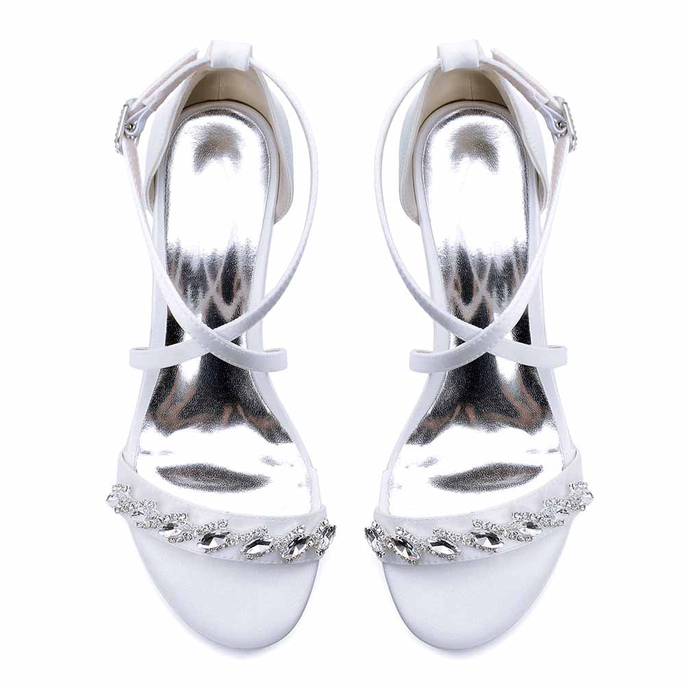 Elegant white crystal chunky heel dress sandals with silver detailing for fashionable occasions
