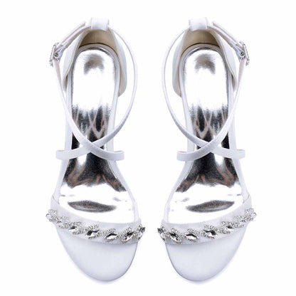 Elegant white crystal chunky heel dress sandals with silver detailing for fashionable occasions