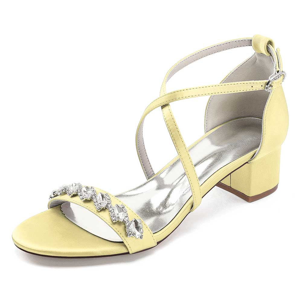Yellow crystal chunky heel dress sandals with elegant strap design for stylish occasions