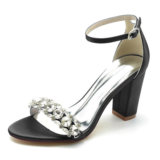 Black Scrystal chunky heel prom sandals with a stunning rhinestone embellishment