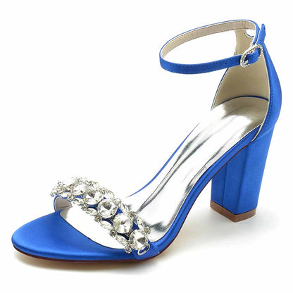 Blue crystal chunky heel prom sandals with elegant strap and embellished stones