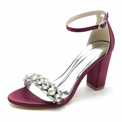 Crystal Chunky Heel Prom Sandals in burgundy with elegant gem embellishments