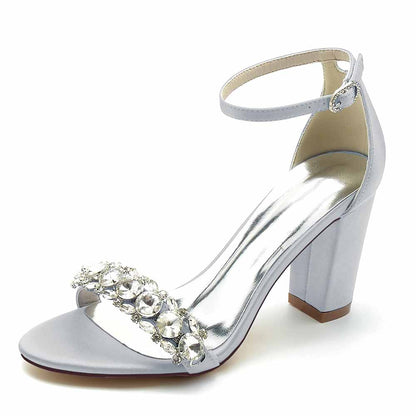 S&DCo. crystal chunky heel prom sandals in silver with embellished strap for elegant style