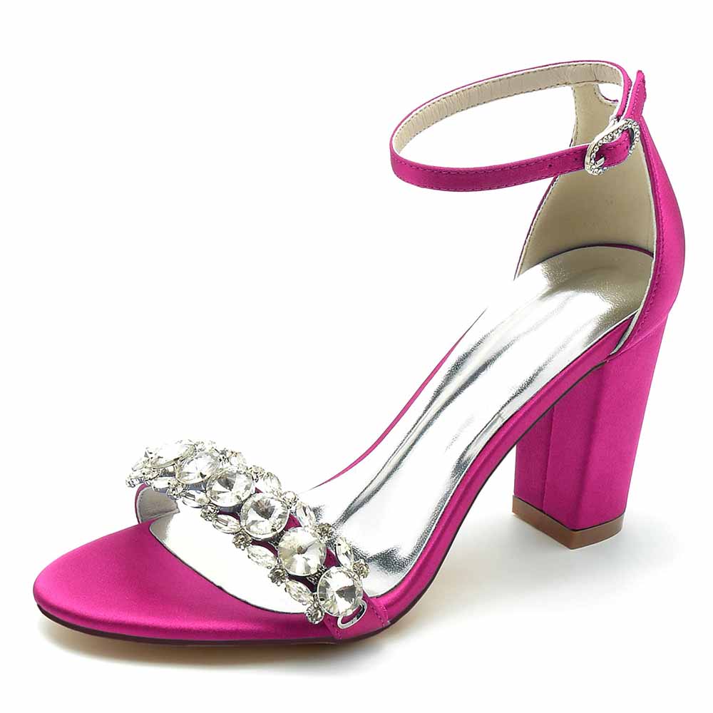 Crystal chunky heel prom sandals in vibrant pink with sparkling rhinestone embellishments