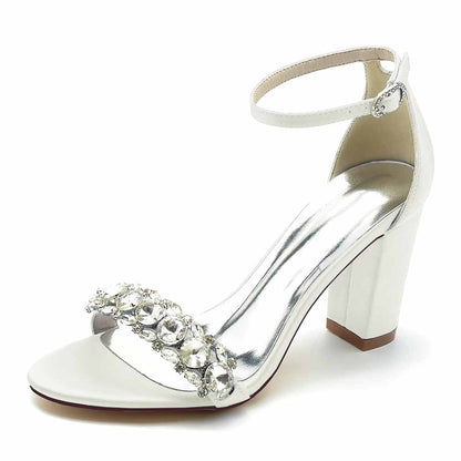 White S&DCo. crystal chunky heel prom sandals with elegant ankle strap and sparkling embellishments