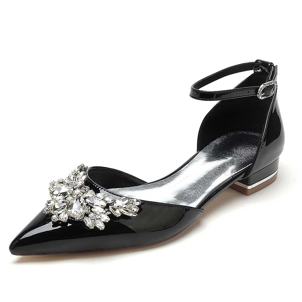 Elegant black crystal embellished flats for women featuring a pointed toe and ankle strap design