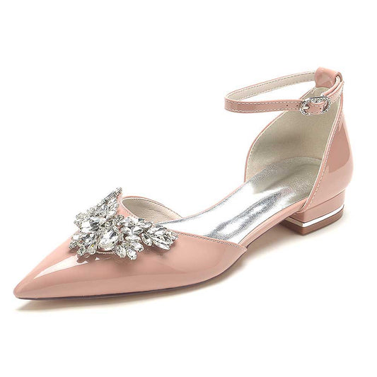 S&DCo. pink crystal embellished flats for women with ankle strap and pointed toe design