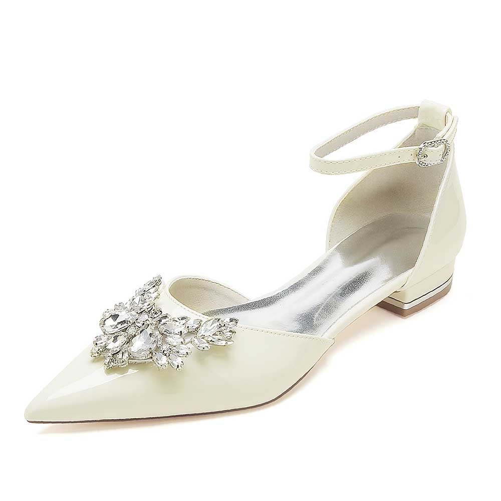 Elegant cream-colored crystal embellished flats for women with ankle strap and pointed toe design