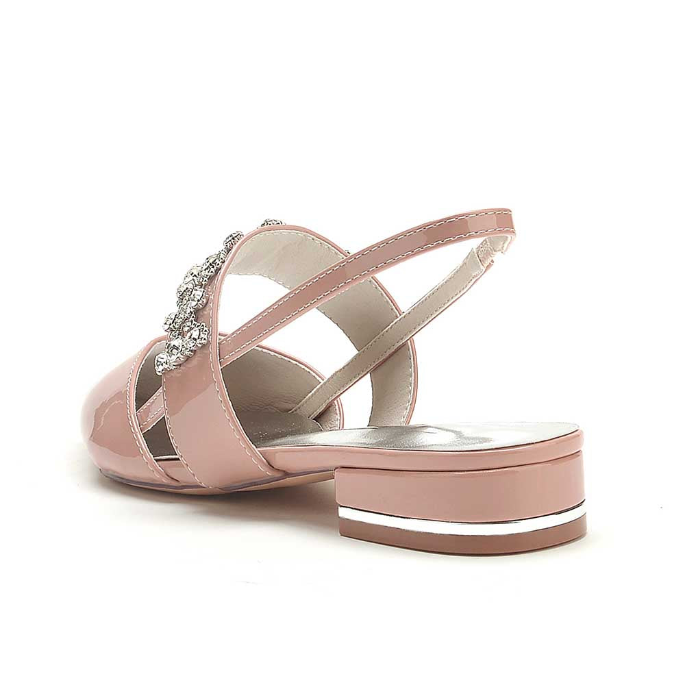 Stylish pink crystal embellished pointed toe flats with slingback design and comfortable block heel