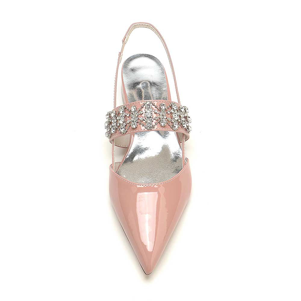 Pink crystal embellished pointed toe flats with silver straps for stylish summer wear