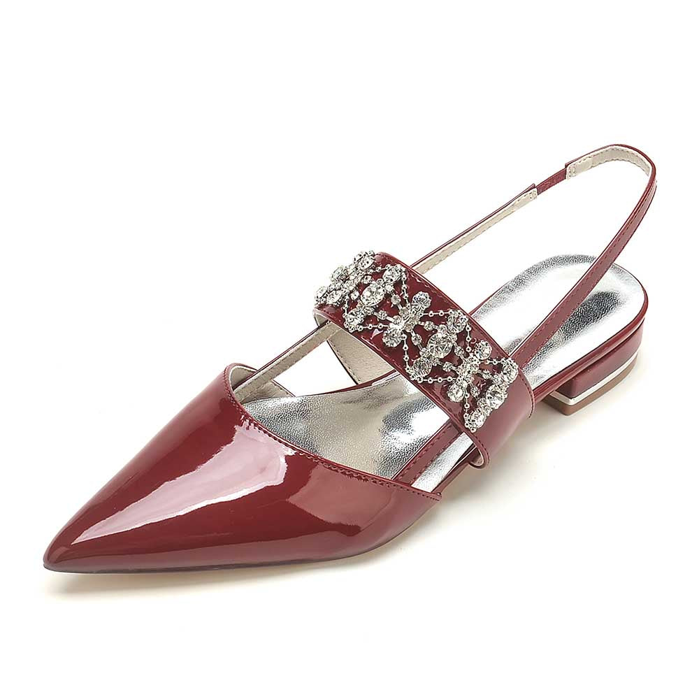 S&DCo. crystal embellished pointed toe flats in red with slingback design and decorative strap