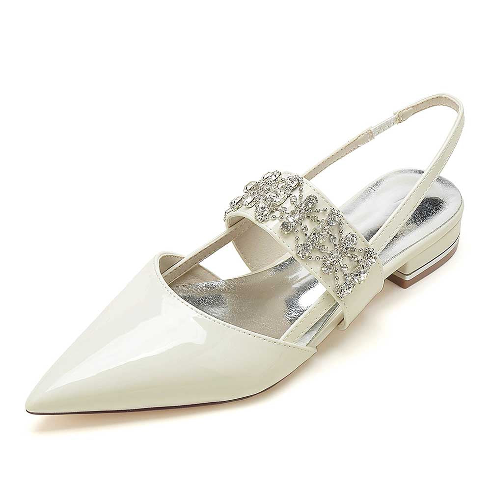 S&DCo. crystal embellished pointed toe flats in white with elegant beading detail
