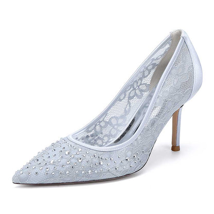 Elegant S&DCo. crystal lace wedding shoes featuring a pointed toe and delicate embellishments