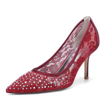 Red crystal lace wedding shoes with elegant design and pointed toe for brides and special occasions