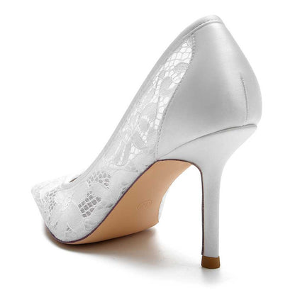 Elegant S&DCo. crystal lace wedding shoes with a sleek heel and intricate lace detailing