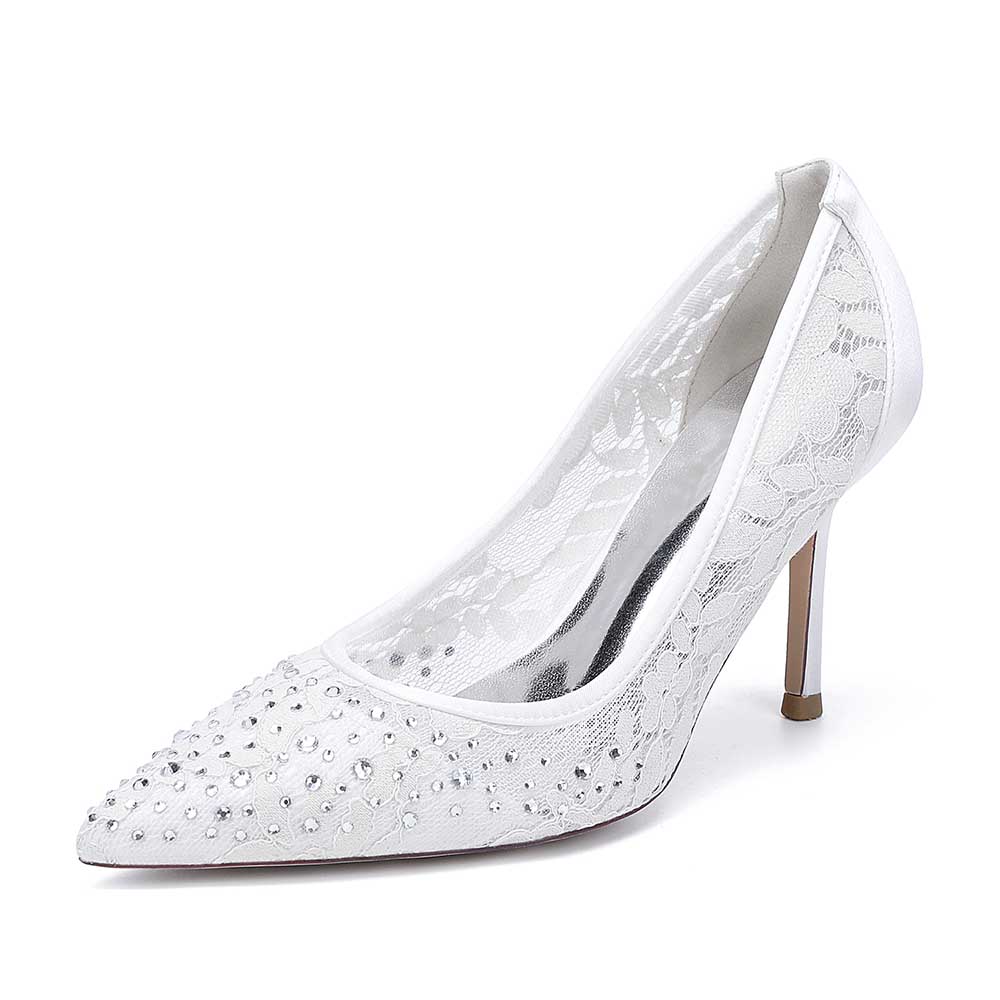 S&DCo. crystal lace wedding shoes with pointed toe and embellished design for brides