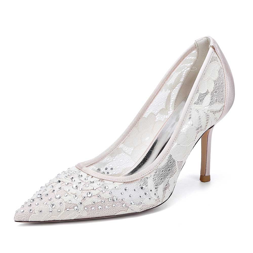 Elegant crystal lace wedding shoes with a pointed toe and stiletto heel for a bridal look
