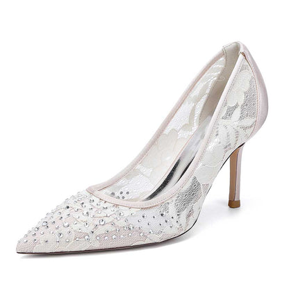 Elegant crystal lace wedding shoes with a pointed toe and stiletto heel for a bridal look