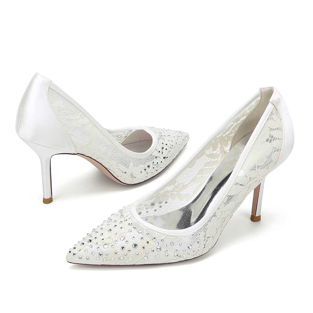 S&DCo. crystal lace wedding shoes with elegant pearl detailing and high heels