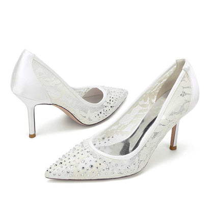S&DCo. crystal lace wedding shoes with elegant pearl detailing and high heels