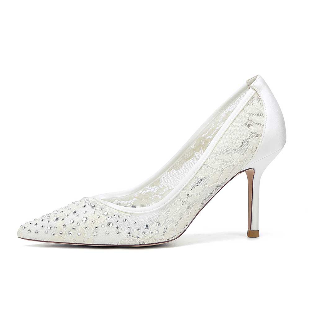 Elegant S&DCo. crystal lace wedding shoes with pointed toe and high heel design
