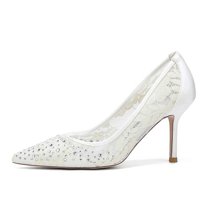 Elegant S&DCo. crystal lace wedding shoes with pointed toe and high heel design