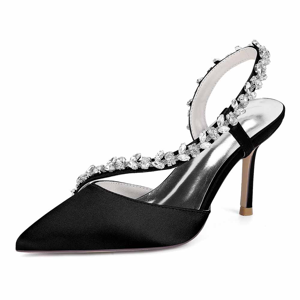 Elegant black satin crystal strap bridal heels with a pointed toe and high heel design for special occasions