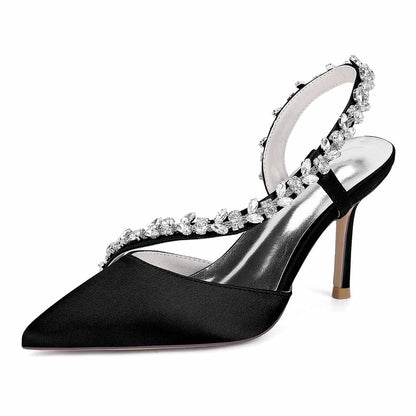 Elegant black satin crystal strap bridal heels with a pointed toe and high heel design for special occasions
